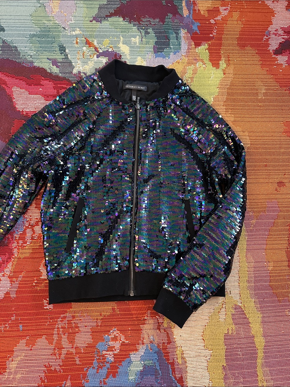 Victoria's Secret Black Iridescent Sequin Bomber Jacket